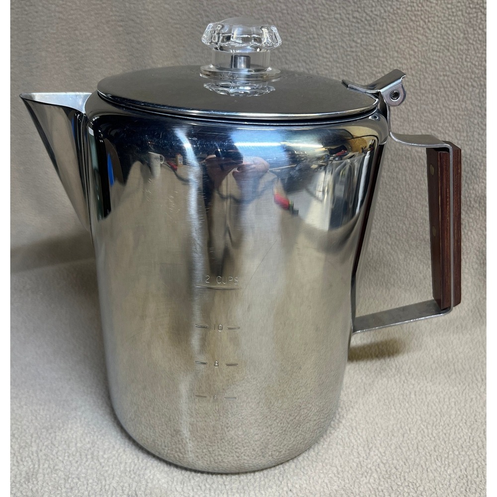 Vintage Stainless Steel 12 Cup Stovetop Coffee Percolator Glass Knob Wood Handle